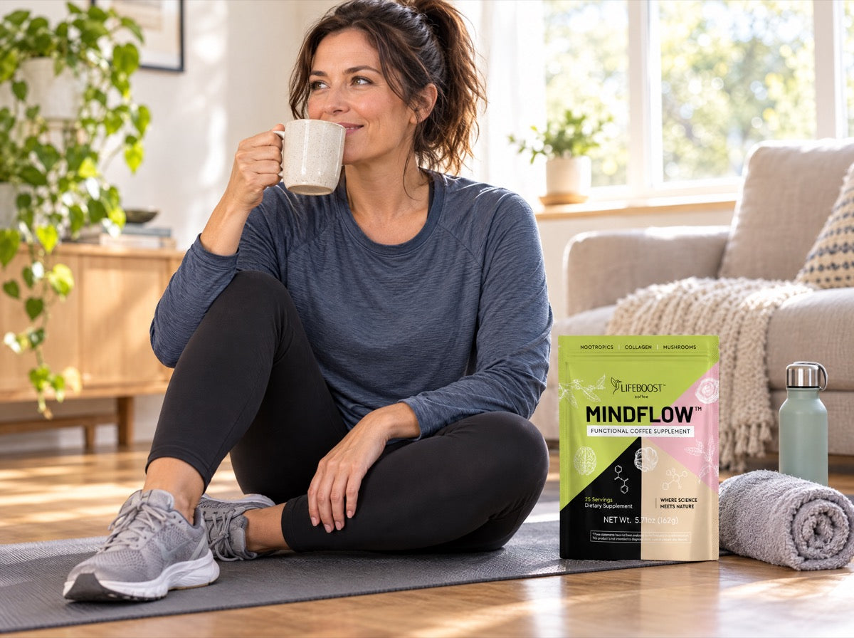 Woman in athletic wear sitting on a yoga mat with a mug of coffee, next to a bag of Mindflow