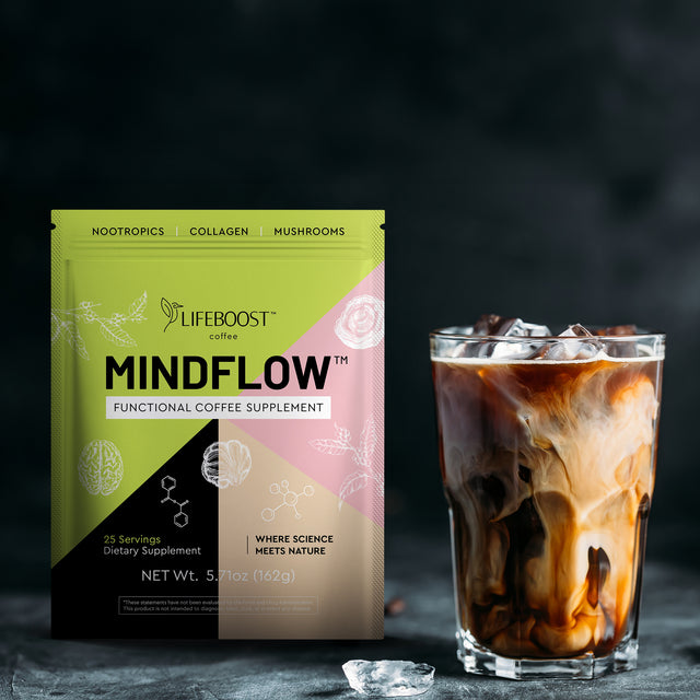 Bag of Mindflow Functional Coffee next to a glass of iced coffee with milk