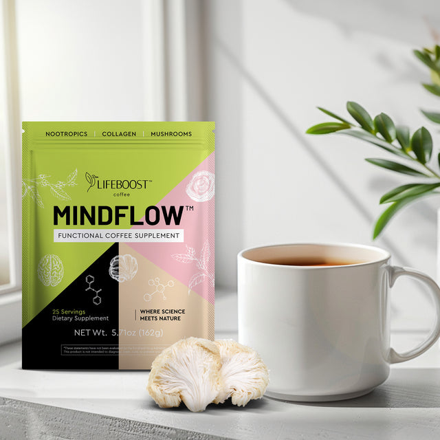 Bag of Mindflow Functional Coffee next to a white mug of coffee